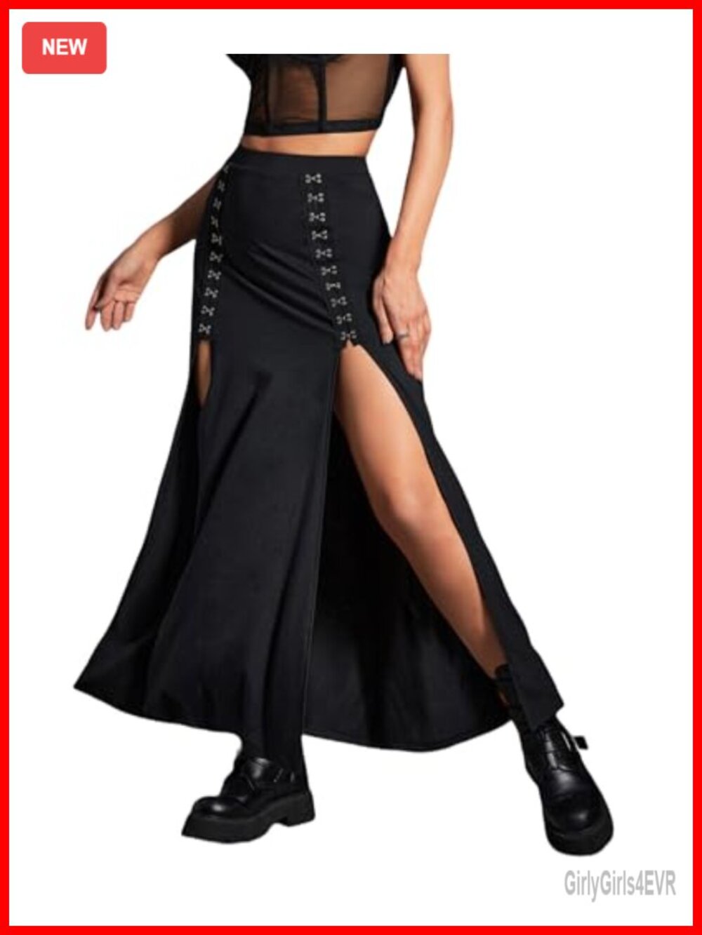 Double Slit Maxi Skirt High Waisted Hookbuckle Detail Rave Goth Long Skirt